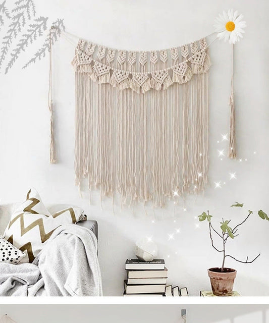 HKM-761491 Handmade Beige Tassel Wall Tapestry for Boho Weddings and Home Decor, 39x45 inches