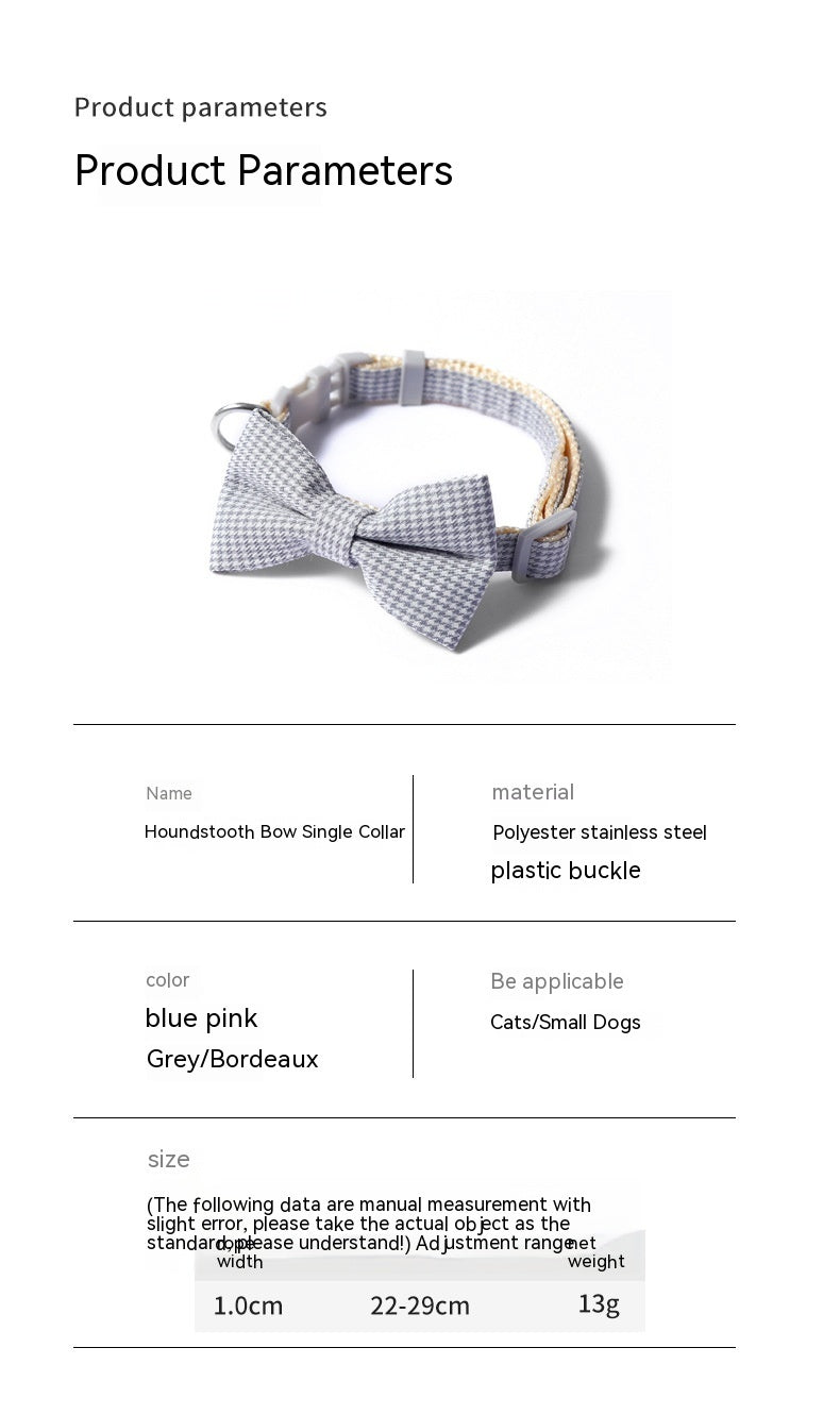 HKM-7620669 Houndstooth Bow Pet Collar ¨C Stylish and Durable in Blue, Pink, Gray, and Purplish Red, Fits 22-29cm