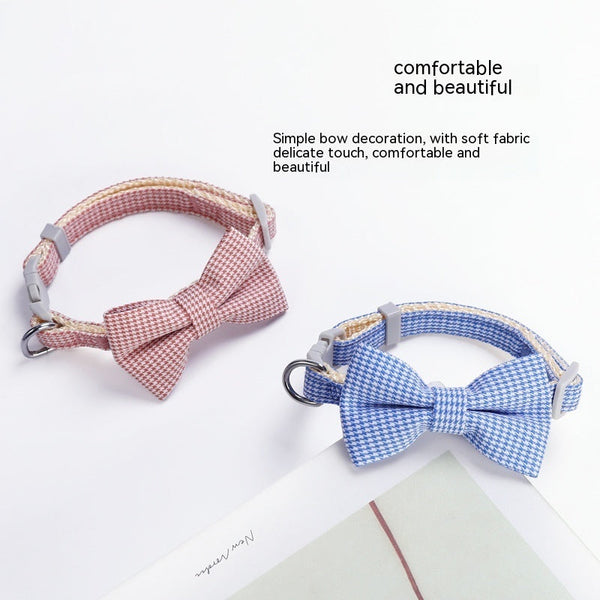 HKM-7620669 Houndstooth Bow Pet Collar ¨C Stylish and Durable in Blue, Pink, Gray, and Purplish Red, Fits 22-29cm