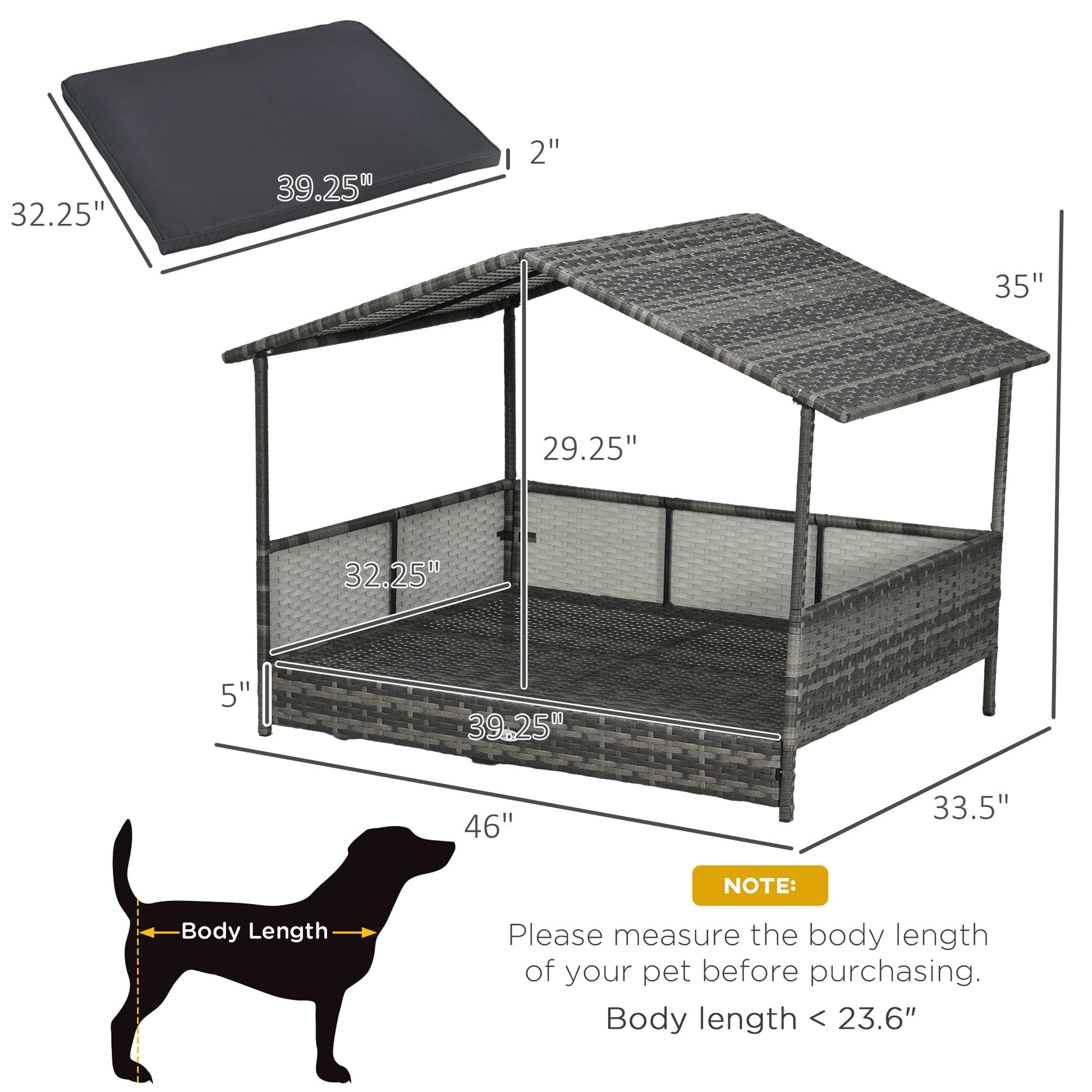 HKM-7623101 Outdoor Dog Bed with Canopy and Cushion for Medium to Large Dogs, Rattan and Steel Construction