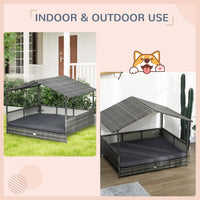 HKM-7623101 Outdoor Dog Bed with Canopy and Cushion for Medium to Large Dogs, Rattan and Steel Construction