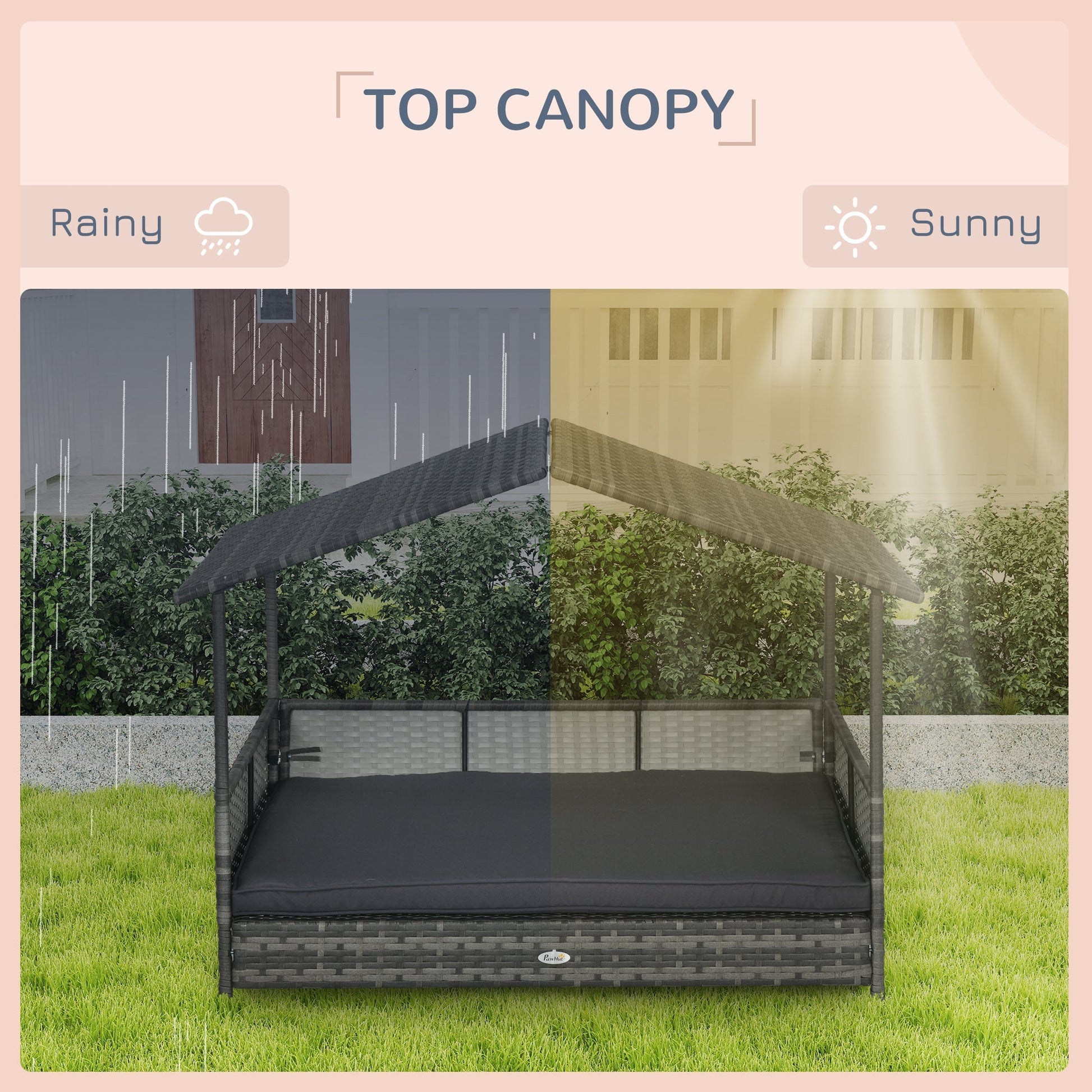 HKM-7623101 Outdoor Dog Bed with Canopy and Cushion for Medium to Large Dogs, Rattan and Steel Construction