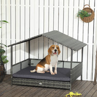 HKM-7623101 Outdoor Dog Bed with Canopy and Cushion for Medium to Large Dogs, Rattan and Steel Construction