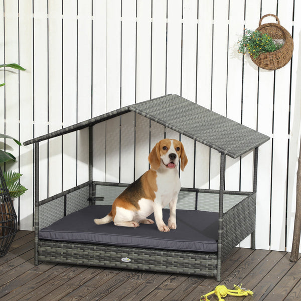 HKM-7623101 Outdoor Dog Bed with Canopy and Cushion for Medium to Large Dogs, Rattan and Steel Construction
