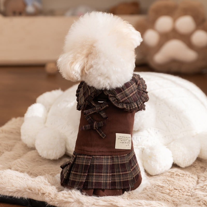 HKM-7623229 Fleece-Lined Brown Plaid Pet Sweater Dress with Ruffle Trim for Dogs and Cats