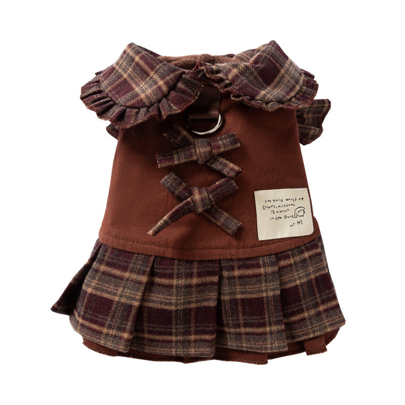 HKM-7623229 Fleece-Lined Brown Plaid Pet Sweater Dress with Ruffle Trim for Dogs and Cats