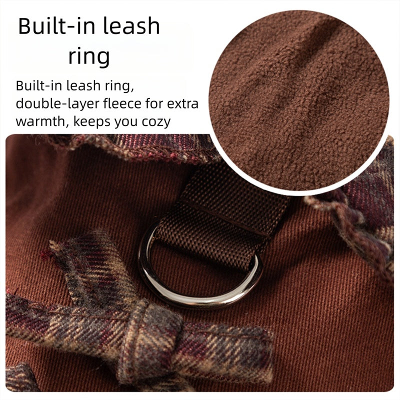 HKM-7623229 Fleece-Lined Brown Plaid Pet Sweater Dress with Ruffle Trim for Dogs and Cats