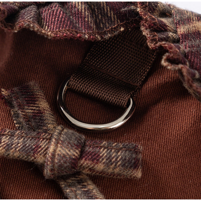 HKM-7623229 Fleece-Lined Brown Plaid Pet Sweater Dress with Ruffle Trim for Dogs and Cats