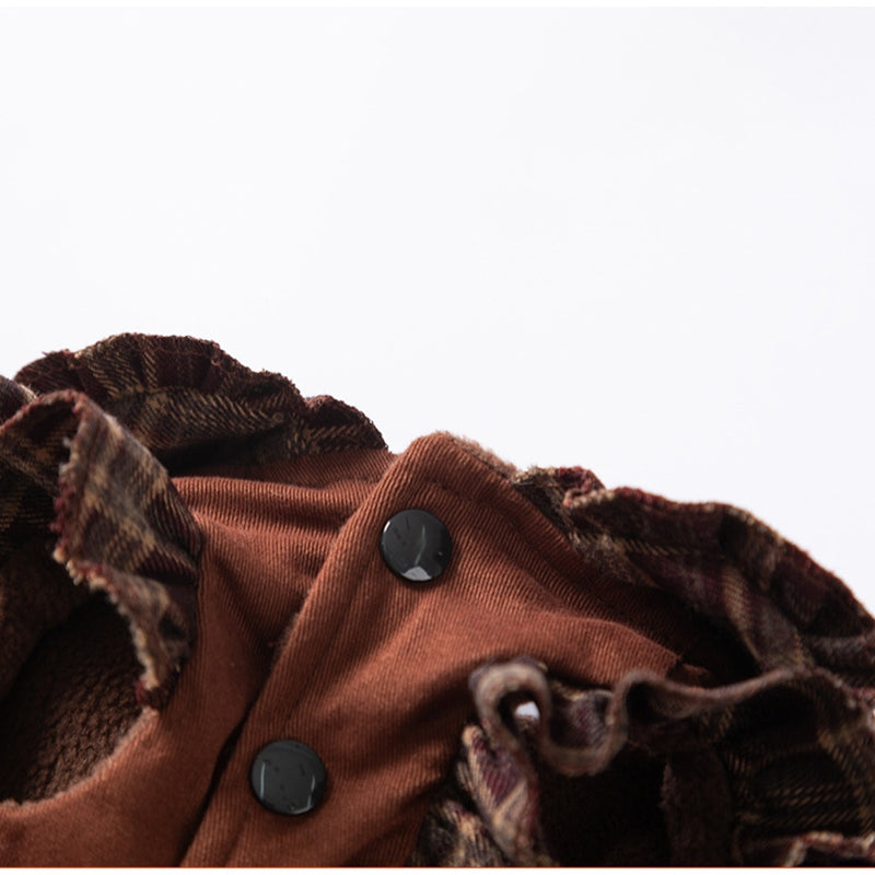 HKM-7623229 Fleece-Lined Brown Plaid Pet Sweater Dress with Ruffle Trim for Dogs and Cats