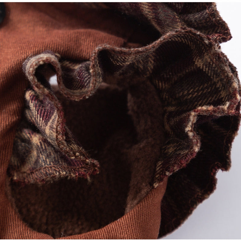 HKM-7623229 Fleece-Lined Brown Plaid Pet Sweater Dress with Ruffle Trim for Dogs and Cats