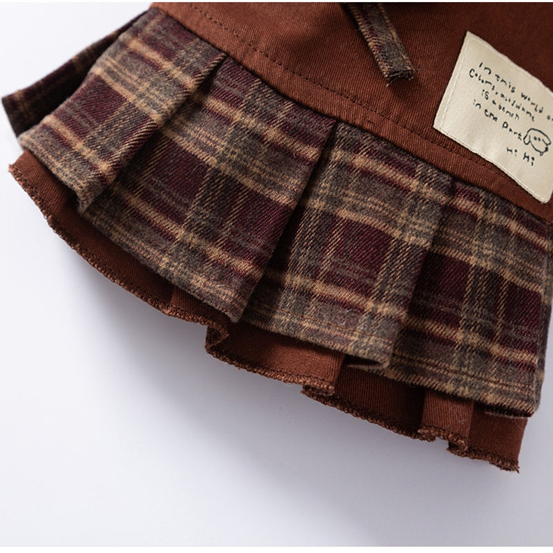 HKM-7623229 Fleece-Lined Brown Plaid Pet Sweater Dress with Ruffle Trim for Dogs and Cats