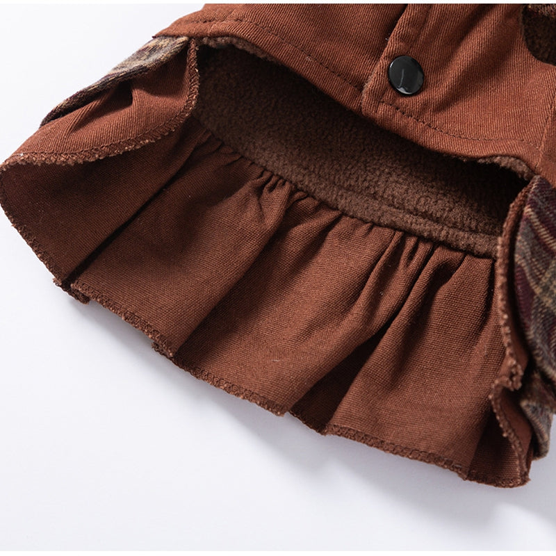 HKM-7623229 Fleece-Lined Brown Plaid Pet Sweater Dress with Ruffle Trim for Dogs and Cats
