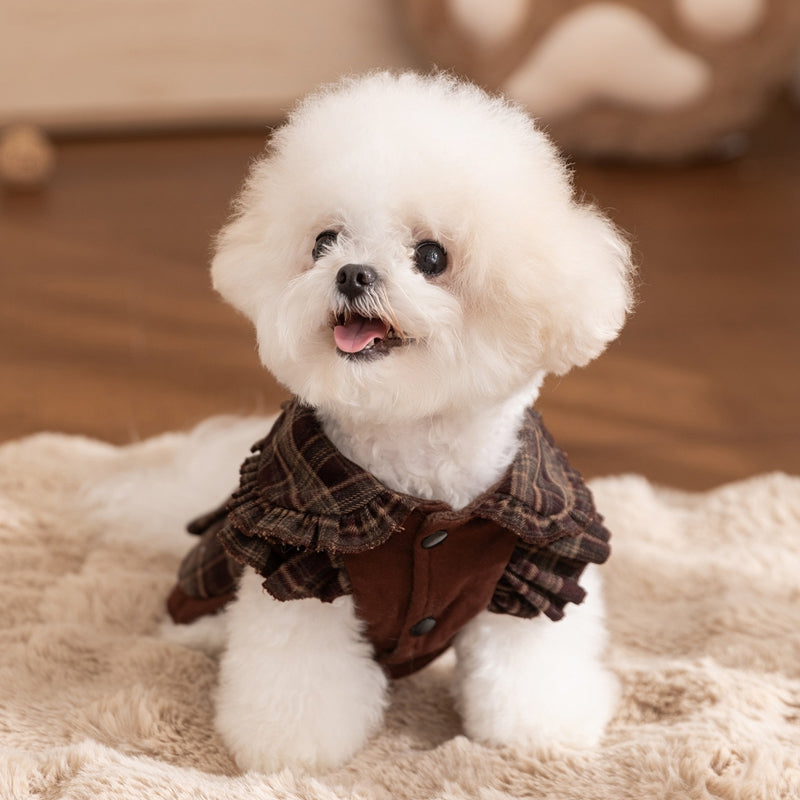HKM-7623229 Fleece-Lined Brown Plaid Pet Sweater Dress with Ruffle Trim for Dogs and Cats