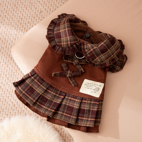 HKM-7623229 Fleece-Lined Brown Plaid Pet Sweater Dress with Ruffle Trim for Dogs and Cats