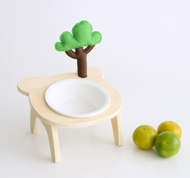 HKM-7624637 Natural Wood Bear Design Pet Bowl with Single and Double Rack Options