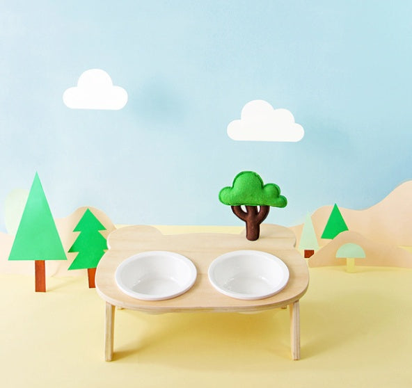 HKM-7624637 Natural Wood Bear Design Pet Bowl with Single and Double Rack Options