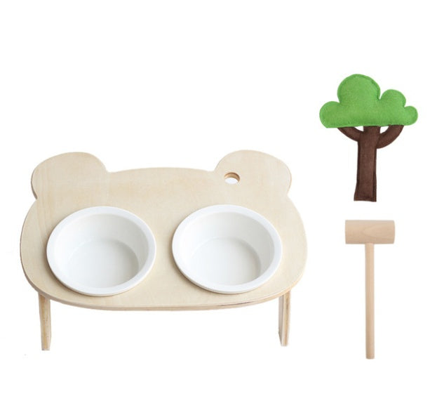 HKM-7624637 Natural Wood Bear Design Pet Bowl with Single and Double Rack Options