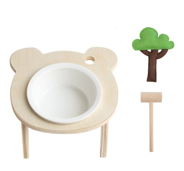 HKM-7624637 Natural Wood Bear Design Pet Bowl with Single and Double Rack Options