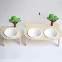 HKM-7624637 Natural Wood Bear Design Pet Bowl with Single and Double Rack Options