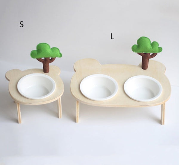 HKM-7624637 Natural Wood Bear Design Pet Bowl with Single and Double Rack Options