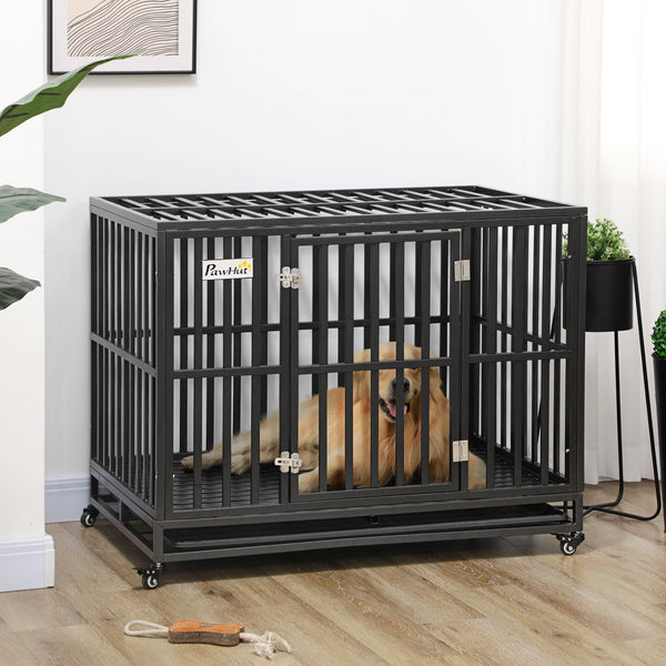 HKM-7628093 Heavy-Duty Pet Dog Crate with Playpen, Removable Tray & Rolling Caster Wheels 44''