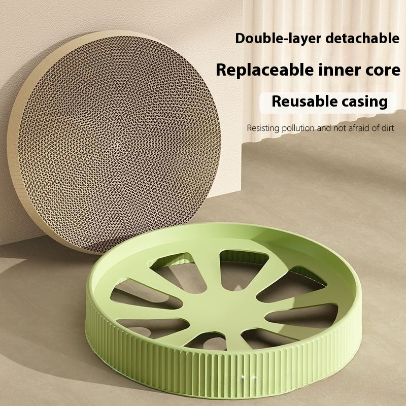 HKM-7628477 Wear-Resistant Round Cat Scratching Board with Replaceable Corrugated Paper Nest - Green and White, 55CM