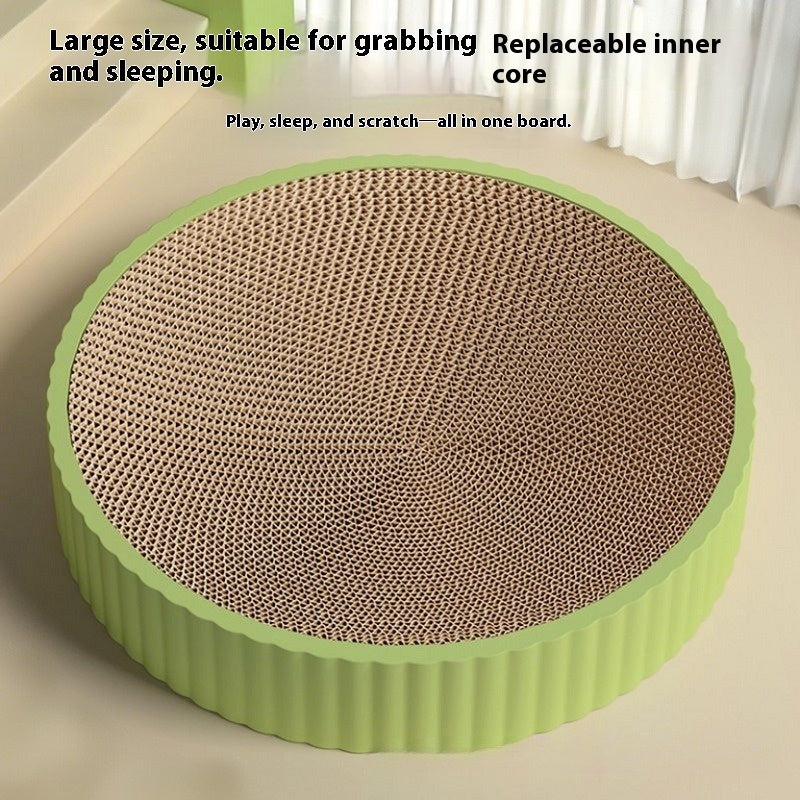 HKM-7628477 Wear-Resistant Round Cat Scratching Board with Replaceable Corrugated Paper Nest - Green and White, 55CM