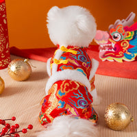 HKM-7628989 Lunar New Year Dragon Brocade Dog Jumpsuit with Faux Fur Trim for Warmth and Comfort