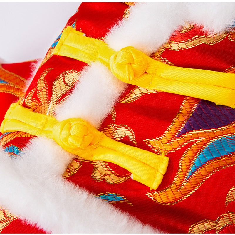 HKM-7628989 Lunar New Year Dragon Brocade Dog Jumpsuit with Faux Fur Trim for Warmth and Comfort