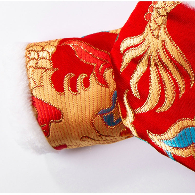HKM-7628989 Lunar New Year Dragon Brocade Dog Jumpsuit with Faux Fur Trim for Warmth and Comfort