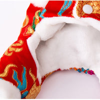 HKM-7628989 Lunar New Year Dragon Brocade Dog Jumpsuit with Faux Fur Trim for Warmth and Comfort