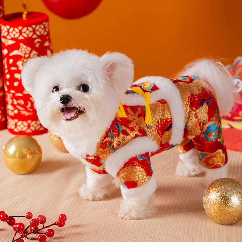HKM-7628989 Lunar New Year Dragon Brocade Dog Jumpsuit with Faux Fur Trim for Warmth and Comfort