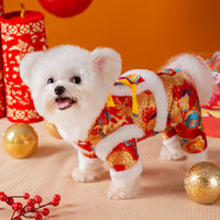 HKM-7628989 Lunar New Year Dragon Brocade Dog Jumpsuit with Faux Fur Trim for Warmth and Comfort