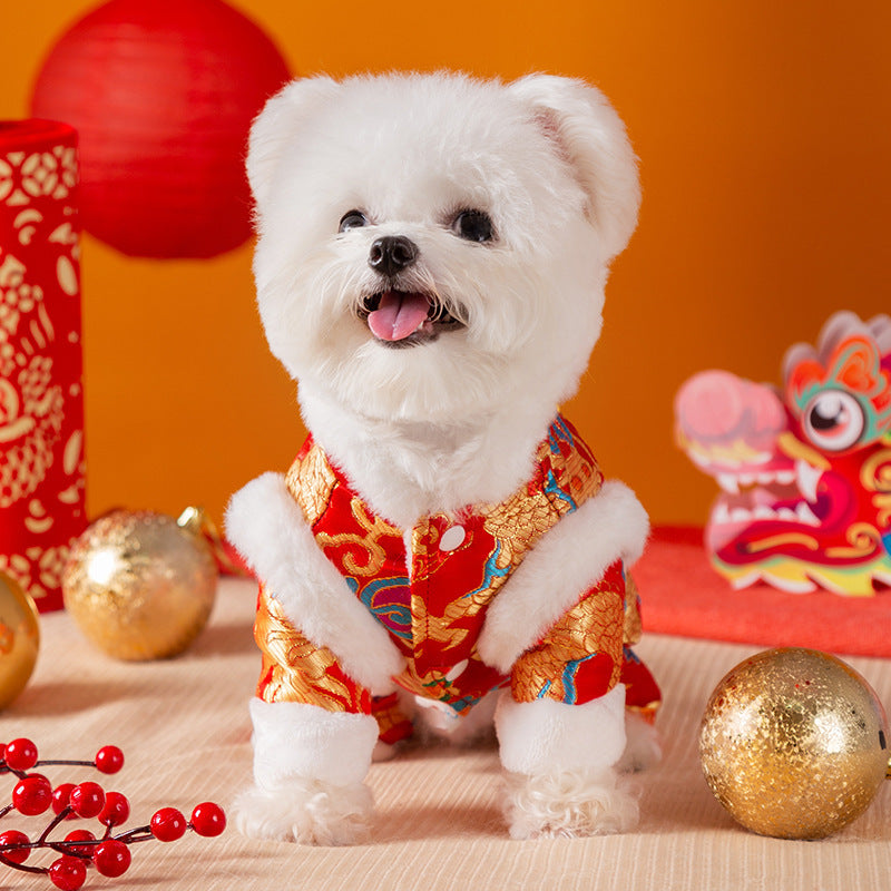 HKM-7628989 Lunar New Year Dragon Brocade Dog Jumpsuit with Faux Fur Trim for Warmth and Comfort