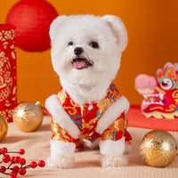 HKM-7628989 Lunar New Year Dragon Brocade Dog Jumpsuit with Faux Fur Trim for Warmth and Comfort