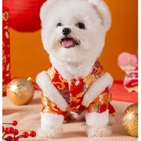 HKM-7628989 Lunar New Year Dragon Brocade Dog Jumpsuit with Faux Fur Trim for Warmth and Comfort