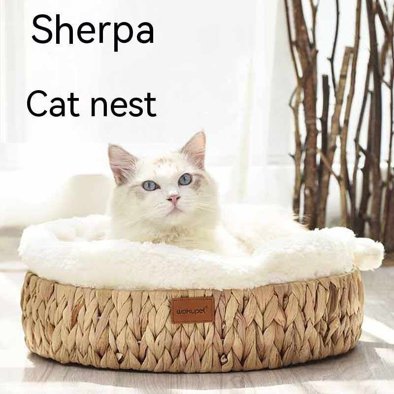 HKM-7630397 Warm Rattan Cat Nest with Cotton Cushion for Comfortable Scratching and Resting