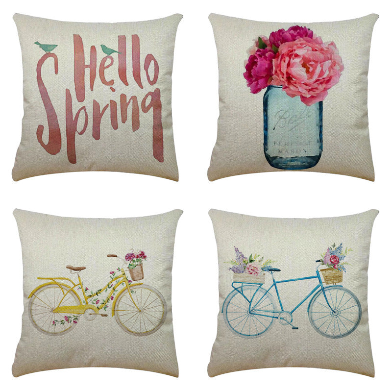 HKM-763347 Bicycle Illustration Linen Pillow Cover with Floral Design - Modern Cushion 40x40cm & 45x45cm
