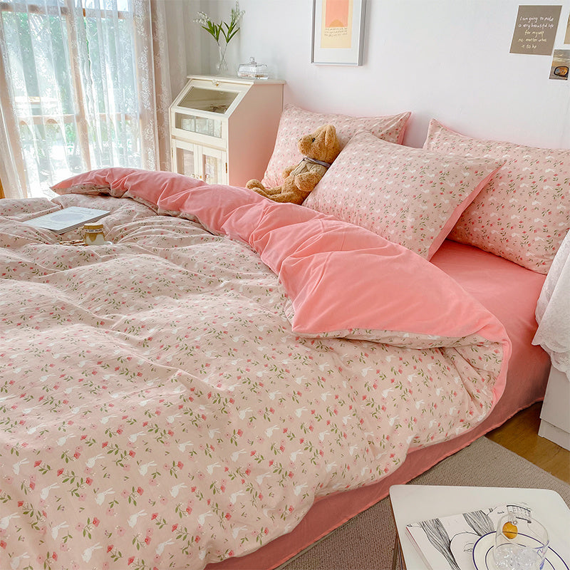 HKM-763667 Coral Velvet Bedding Set with Plant Floral Pattern - 4-Piece Cotton Flannel Sheets for Various Bed Sizes