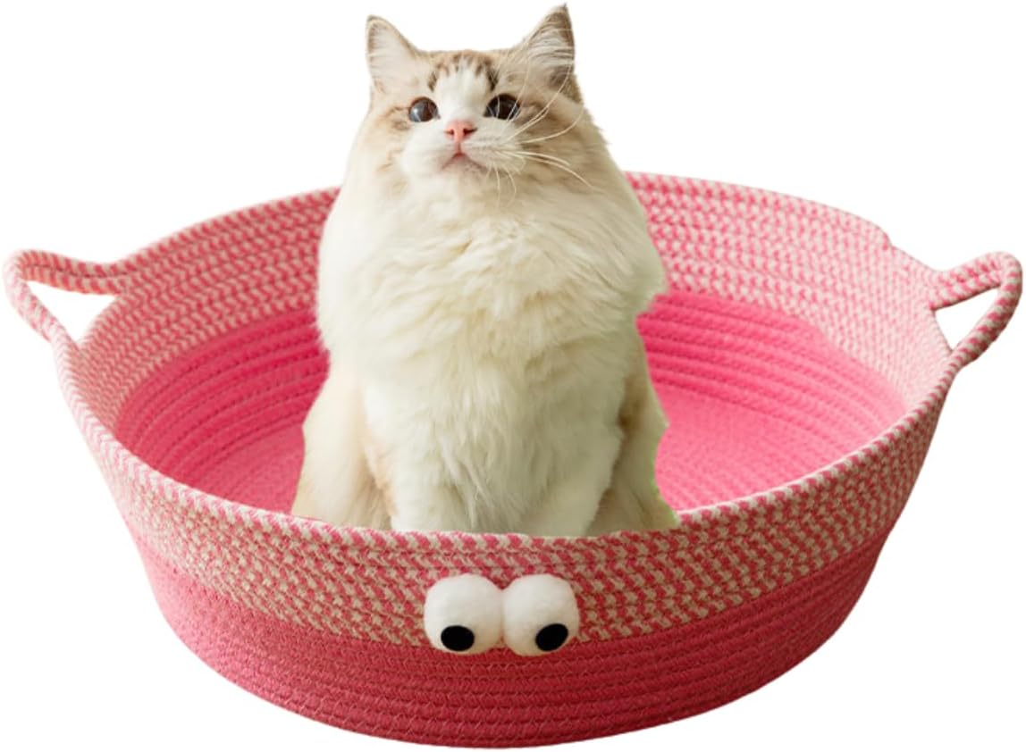 HKM-7637437 Woven Cotton Rope Cat Bed - Round Indoor Nest for Cats, Kittens, and Small Dogs, Washable and Scratch Resistant