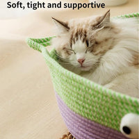 HKM-7637437 Woven Cotton Rope Cat Bed - Round Indoor Nest for Cats, Kittens, and Small Dogs, Washable and Scratch Resistant