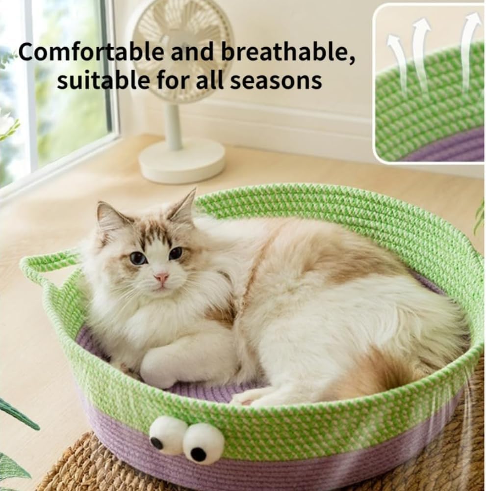 HKM-7637437 Woven Cotton Rope Cat Bed - Round Indoor Nest for Cats, Kittens, and Small Dogs, Washable and Scratch Resistant
