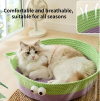 HKM-7637437 Woven Cotton Rope Cat Bed - Round Indoor Nest for Cats, Kittens, and Small Dogs, Washable and Scratch Resistant