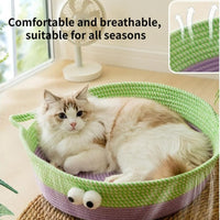 HKM-7637437 Woven Cotton Rope Cat Bed - Round Indoor Nest for Cats, Kittens, and Small Dogs, Washable and Scratch Resistant