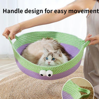 HKM-7637437 Woven Cotton Rope Cat Bed - Round Indoor Nest for Cats, Kittens, and Small Dogs, Washable and Scratch Resistant