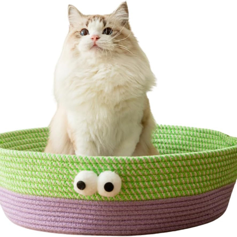 HKM-7637437 Woven Cotton Rope Cat Bed - Round Indoor Nest for Cats, Kittens, and Small Dogs, Washable and Scratch Resistant