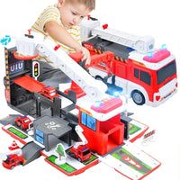HKM-763923 Transforming Fire Truck Storage Parking Lot Toy Set with Diecast Vehicle for Kids Ages 3+