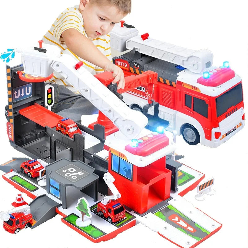 HKM-763923 Transforming Fire Truck Storage Parking Lot Toy Set with Diecast Vehicle for Kids Ages 3+