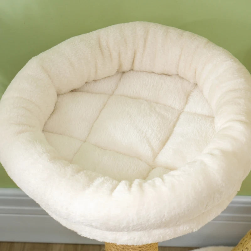 HKM-7639613 Cream White Cat Tree with Wooden Scratching Posts, Cat Condo, Beds, and Toy Balls for Indoor Cats