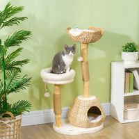 HKM-7639613 Cream White Cat Tree with Wooden Scratching Posts, Cat Condo, Beds, and Toy Balls for Indoor Cats